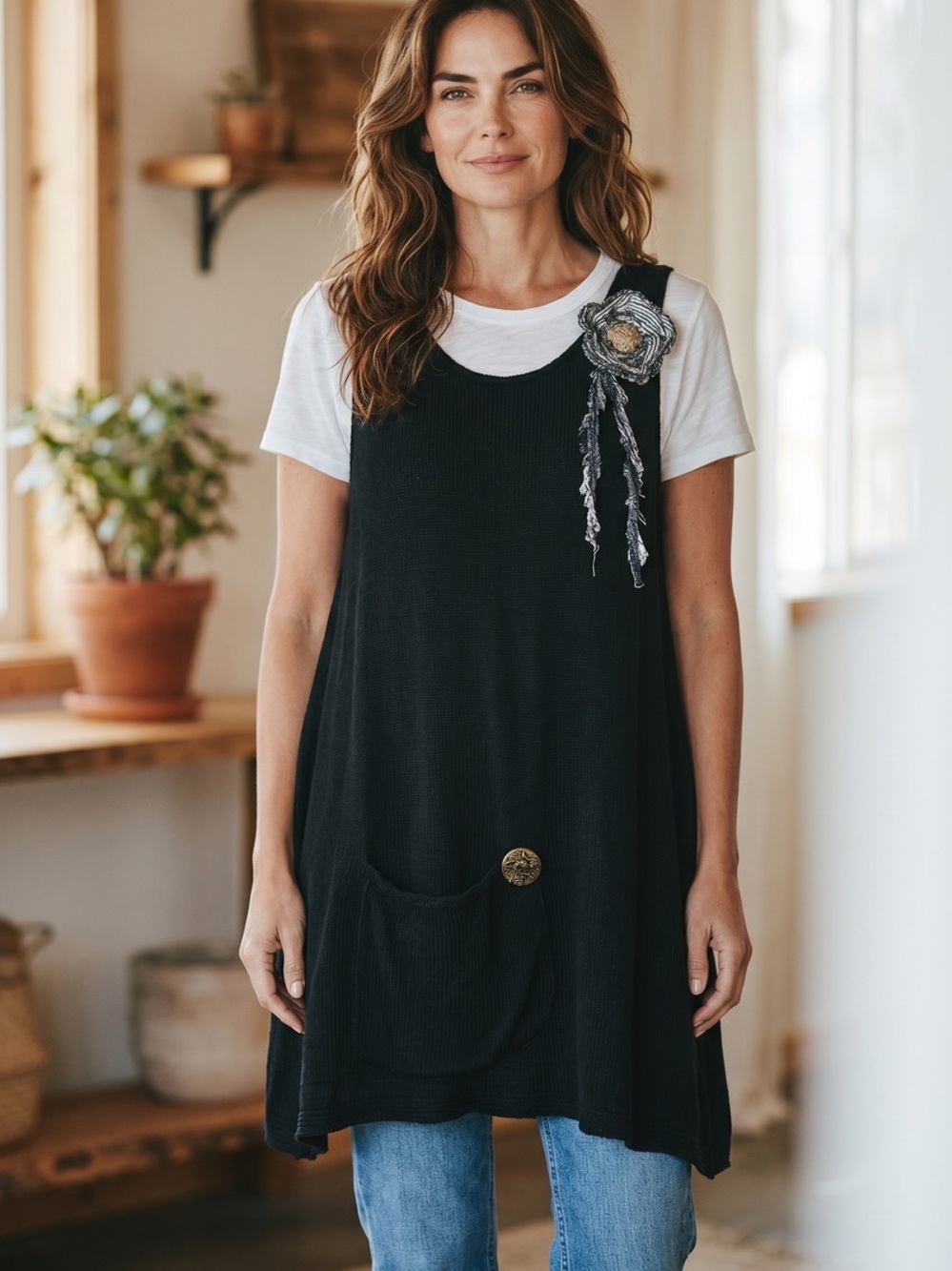 Vintage Lee Andersen Black Sleeveless Tunic Top with Floral Brooch Accent